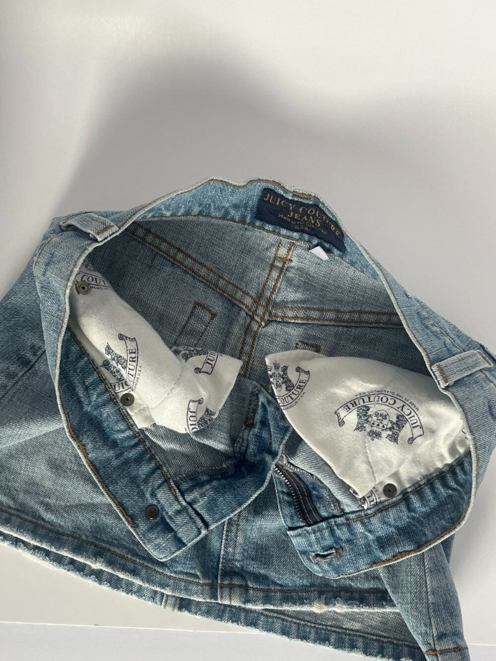 Juicy Couture Light Wash Distressed Denim Mini Skirt Y2K USA Made